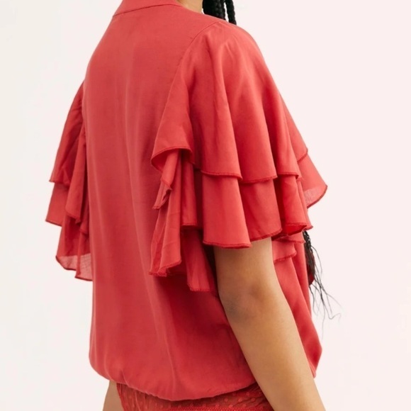 Free People Intimately Call me Later Red Bodysuit Ruffle Sleeve Deep Vneck Small - Picture 2 of 7